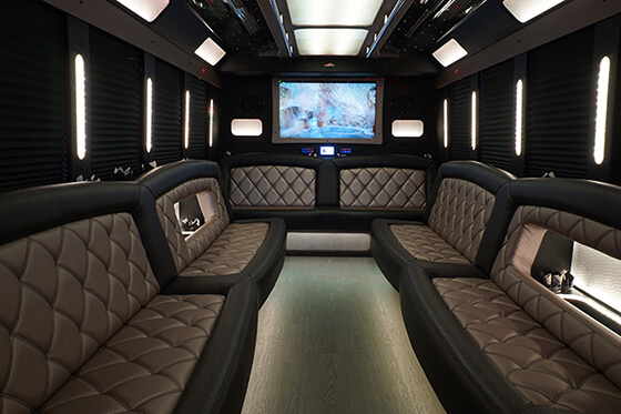 bus interior with bars and mood lighting